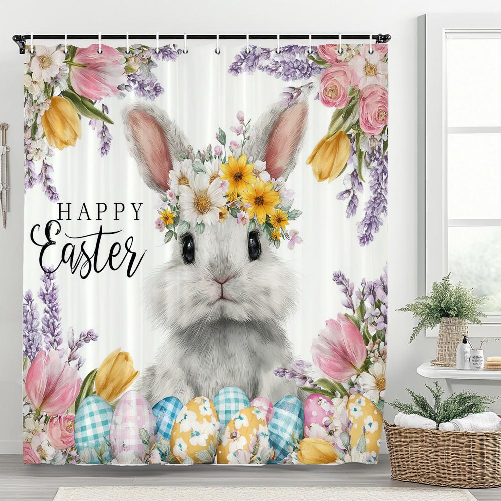 

Easter Bunny Shower Curtain, Rustic, Cute, Eggs, Flowers Bathroom Decorative Curtain, Printed Fabric Shower Curtain With Hooks W60H190(CM)-1 Pcs
