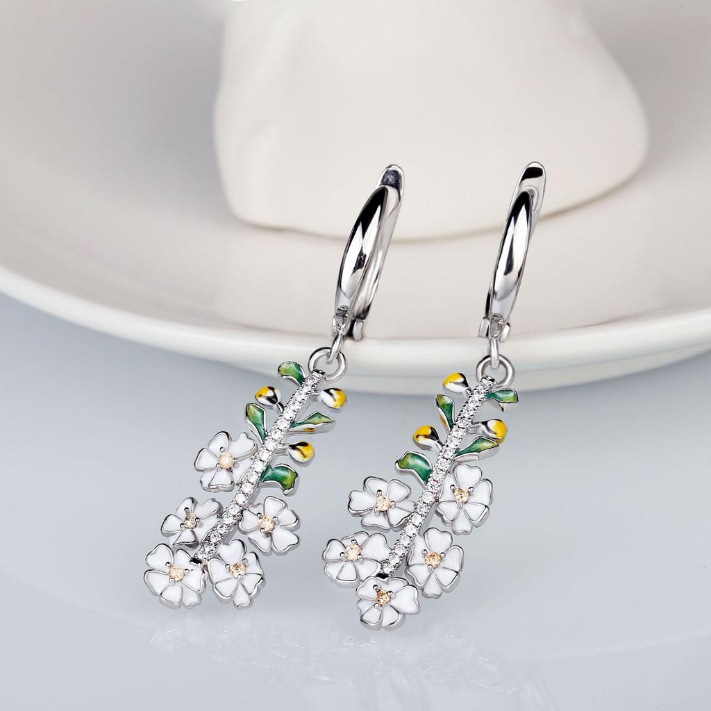Französisches Mädchen Voller Diamantohrringe Emaille Tropf Ohrstecker C-förmige Blume Ohrringe Trend Diamantohrringe Damen