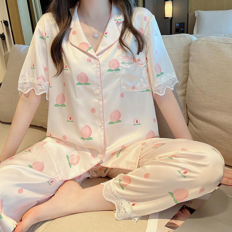 Peach Lace Pajamas Women'S Summer Ice Silky High-End Short-Sleeved Trousers Sweet Home Set