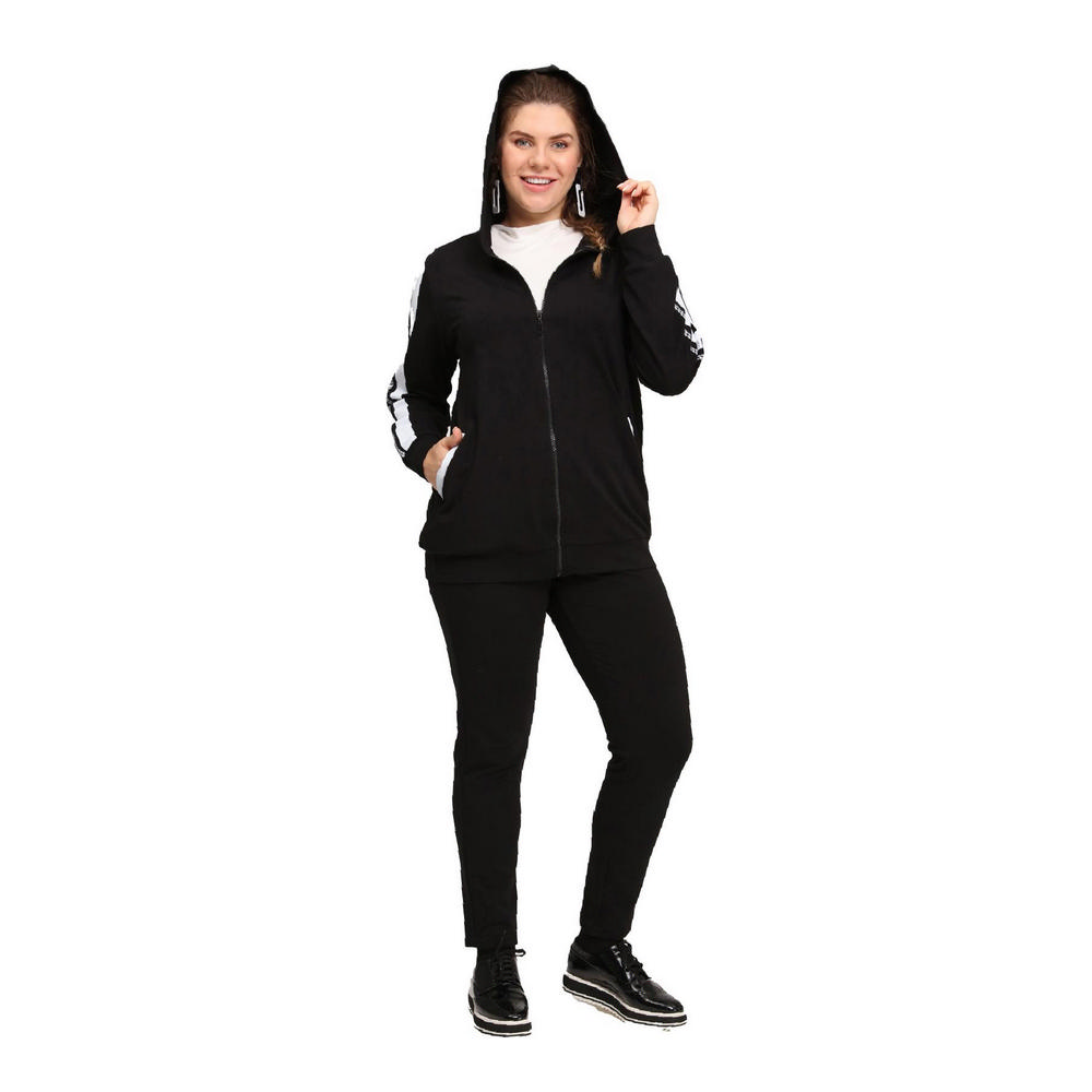 Fierte Women's Large Size Jacket Lm45011 Zipper Closure Seasonal Hood Stripe Detail Double Pocket Long Sleeve Sports Tracksuit Top Anthracite Black