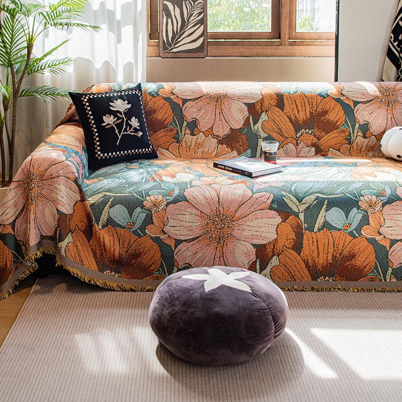 Retro American Sofa Cover Fabric Flower Pattern Anti Slip Sofa Towel Light Luxury Blended Sofas Cover Full Coverage Of Scarves