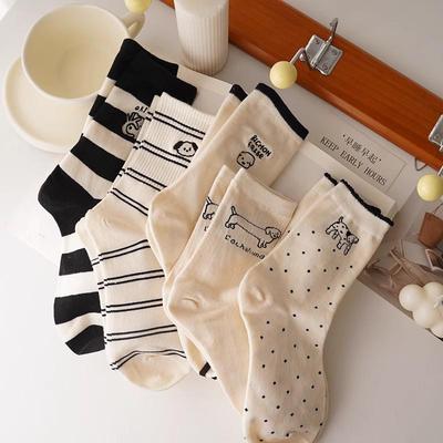 Zhuji Women's Pure Cotton Cartoon Puppy Socks, Anti-Pilling, Antibacterial, Striped, Boneless, Versatile.