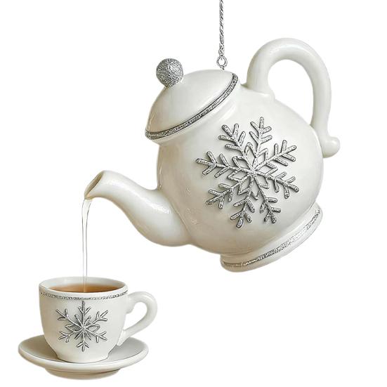 Yousheng Christmas Teapot Ornament Holly Vintage Tea Cups And Pot Set Xmas Tree Hanging Ornaments 2D Acrylic Teapot Decor with Pouring Tea Effect