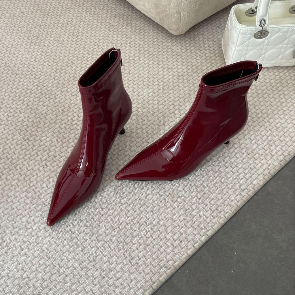 2025 new pointed stiletto patent leather rear zipper fashion Martin Chelsea Skinny Martin women's shoes