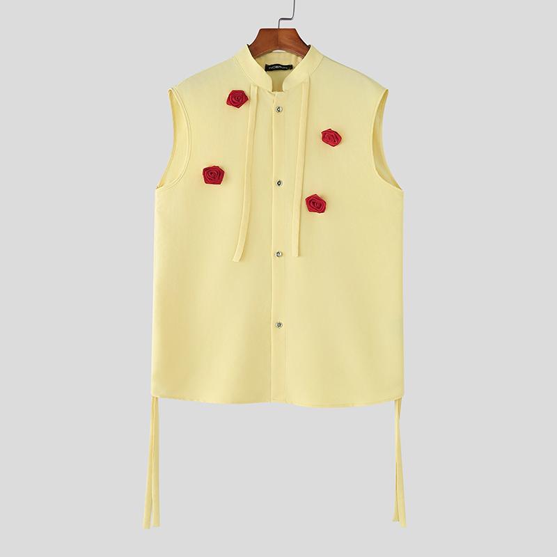 

INCERUN Summer Men Sleeveless Flowers Patchwork Buttons Tassel Casual Tank Tops 5XL жёлтый