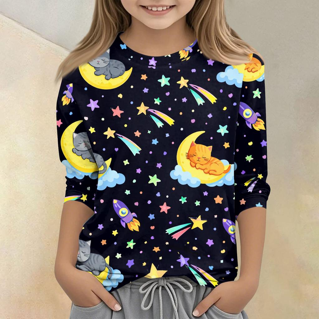 Children's Printed Round Neck Seven Quarter Sleeve Casual T-shirt