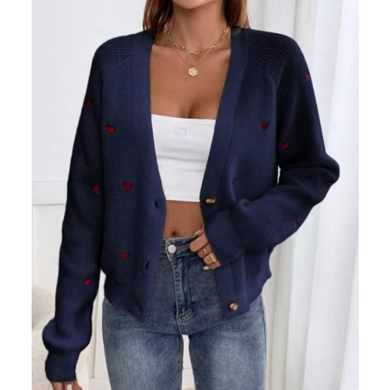 

Любовь вышитый вязаный свитер-жакет, осенне-зимний однобортный кардиган с V-образным вырезом для женщин M