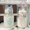 Sticla de apă de iepure Kawaii de 500 ml, drăguț portabil, ceașcă de băut în formă de ureche cu paie și capac Vase de vară pentru camping în aer liber