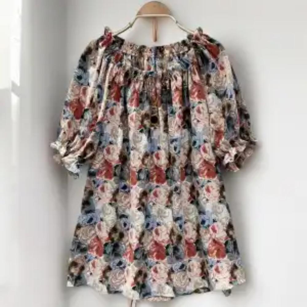 Stilfull Vintage Folk-tryckt Blus Sommar Casual Båtringning Rynkad Damkläder Halvärm Lös Volanger Sömmar Skjorta