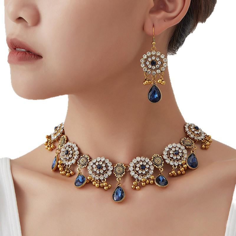 Evropský etnický styl Kapka Květina Šperky Set pro Ženy - Plně Diamantové Náušnice & Náhrdelník