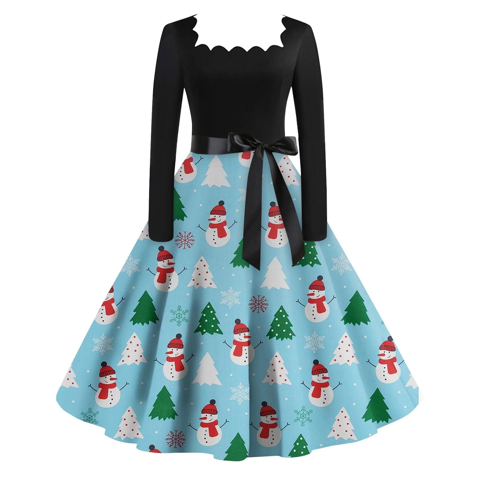 Женская мода винтаж с длинным рукавом квадратный вырез рождественский принт вечерние — фото 6