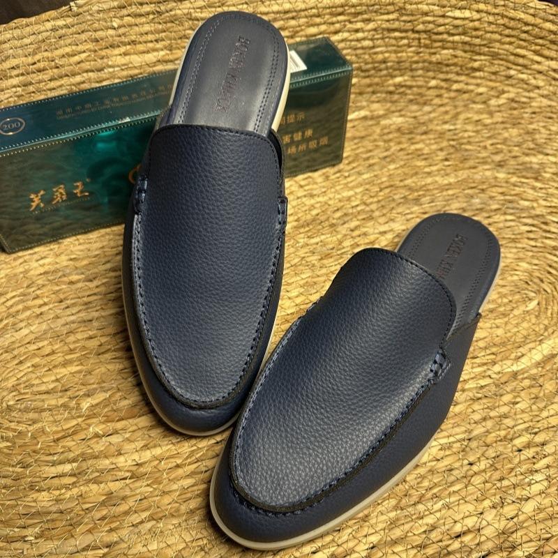 New lychee pattern cowhide leather men's shoes flat-bottomed bag head slippers men's flat-bottomed outer wear one and a half slippers