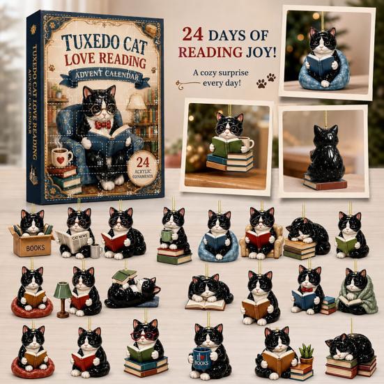 Christmas Tree Decor 24 Days Advent Calendar 2026, 2D Acrylic Reading Cats/Dogs/Forest Animals Ornament Countdown Calendar, Cute Pet Pendants for Xmas