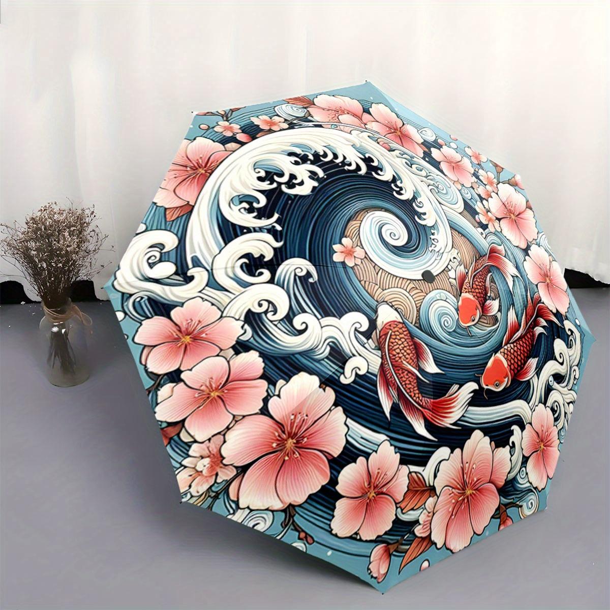 

Automatic Folding Umbrella with Koi Fish, Waves & Cherry Blossom Design - Portable Collapsible Umbrella for All Seasons, Casua Iron&8K