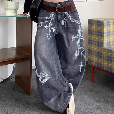 Unisex Retro Distressed Print Wide-Leg Jeans