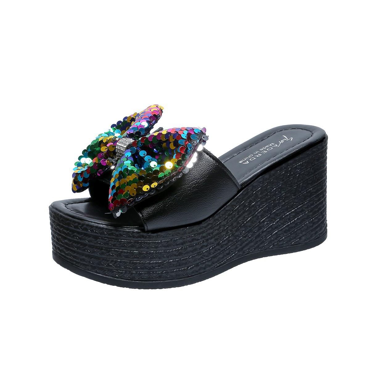 

Женская обувь лето новая на высоком каблуке толстой подошве водонепроницаемая стол бант стразы пайетки с открытым носком прохладные шлепанцы женщины 43