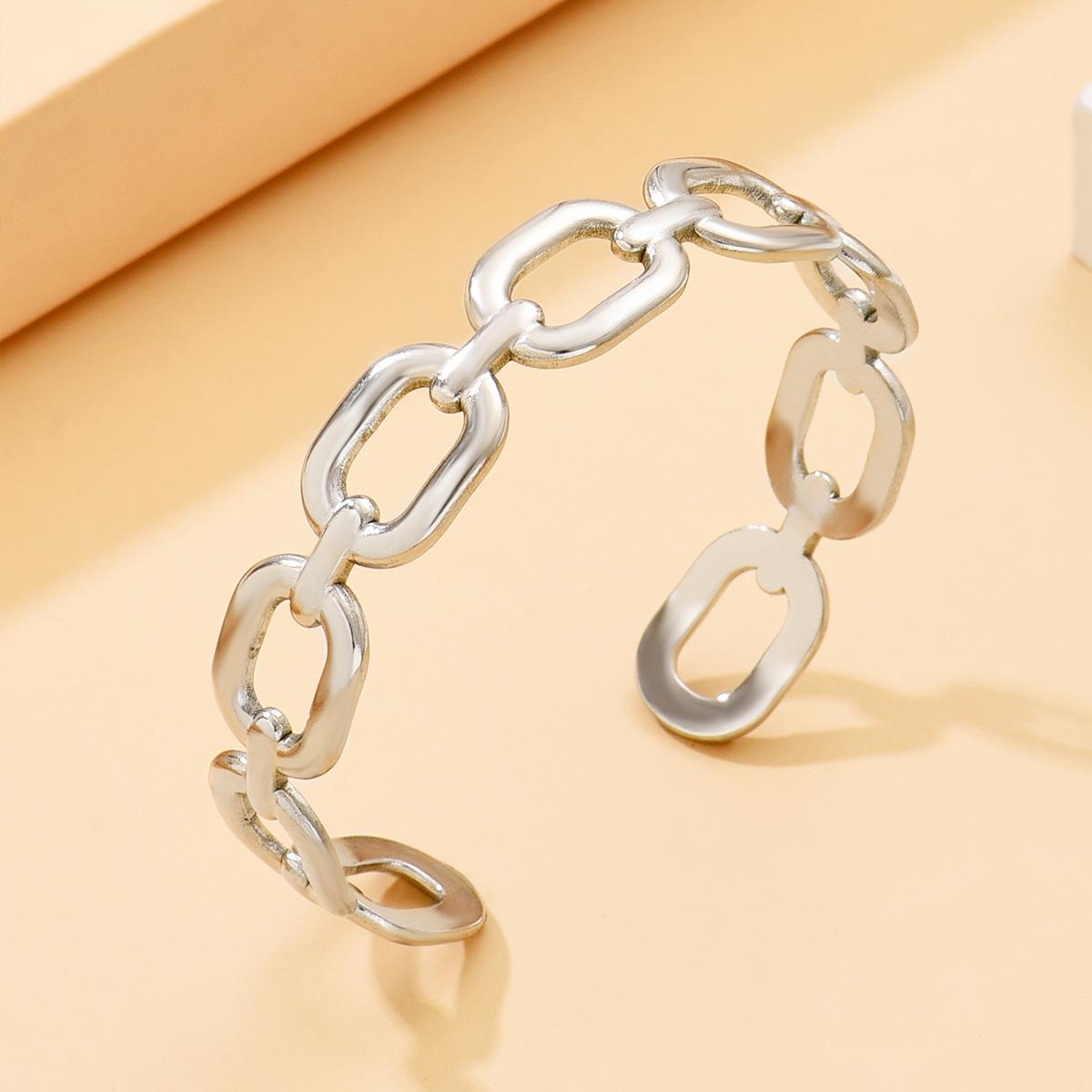Modern C-Shaped Hollow Square Chain Stainless Steel Bangle Bracelet