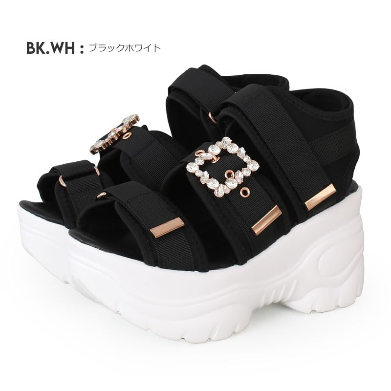 Jewel Buckle Velcro 9cm Thick Sole Sneaker Sole Sports Sandals Back Strap Easy to Walk High Tech Dad Neat Simple Korean Black White M [Room Nine]