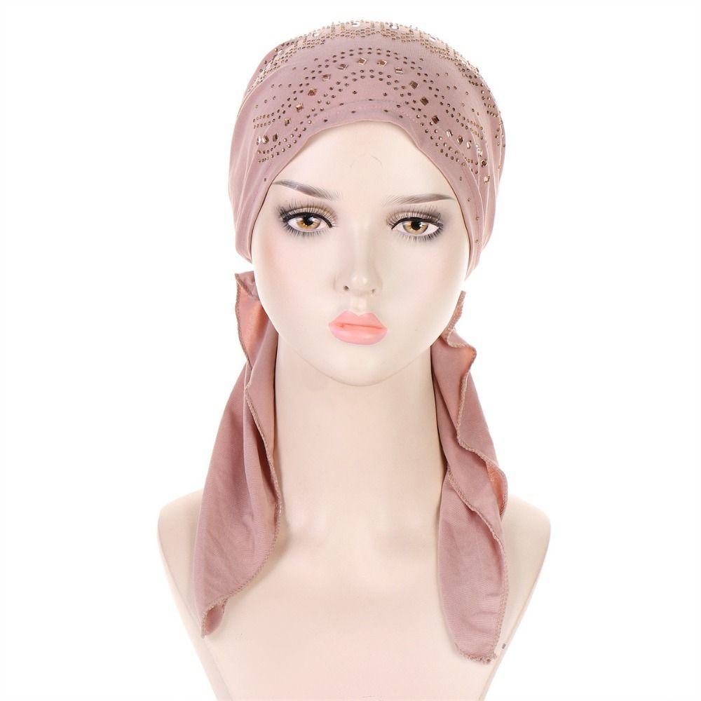 Solid Color Muslim Headscarf Hat Thin Summer Rhinestone Hijab Caps Ramadan