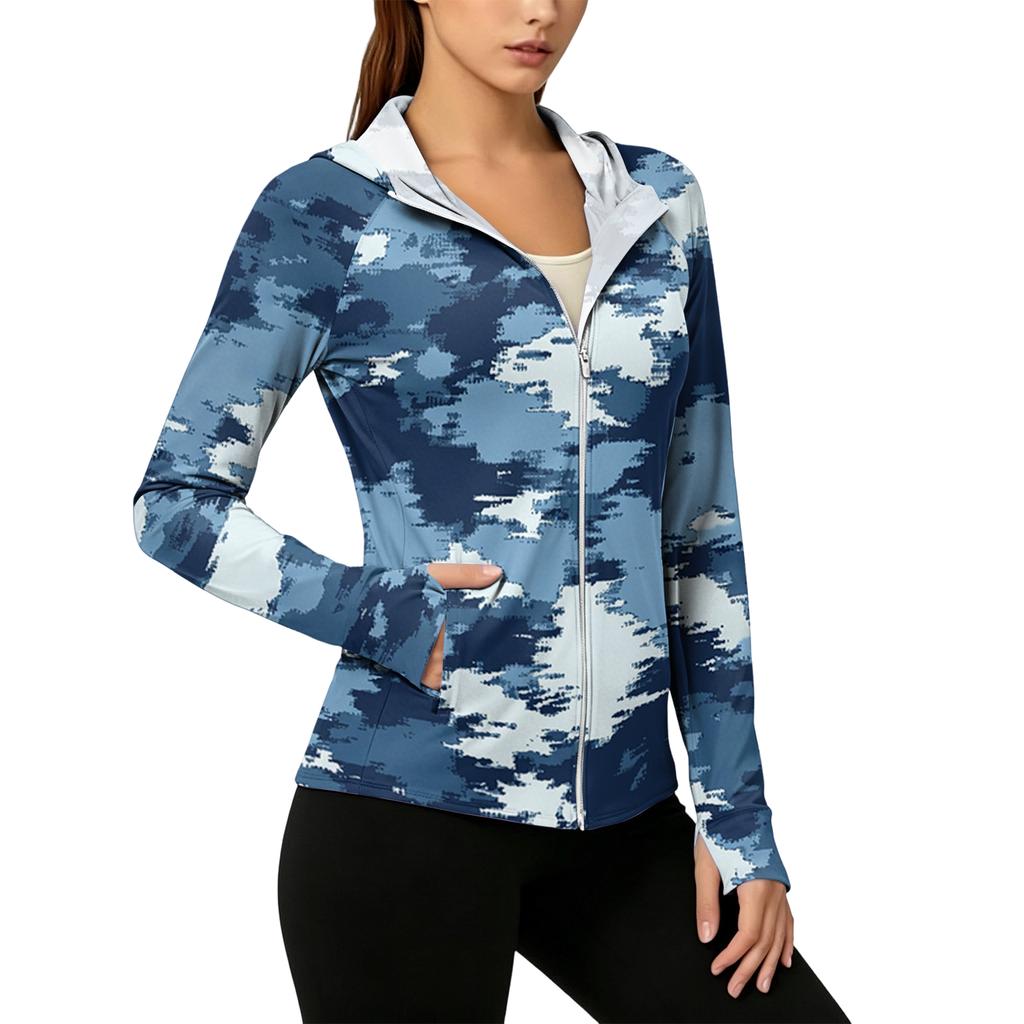 Leichte Kapuzenjacke mit Reißverschluss und Taschen für Damen, Langarm, Camouflage, Sonnenschutzjacke für Outdoor-Aktivitäten