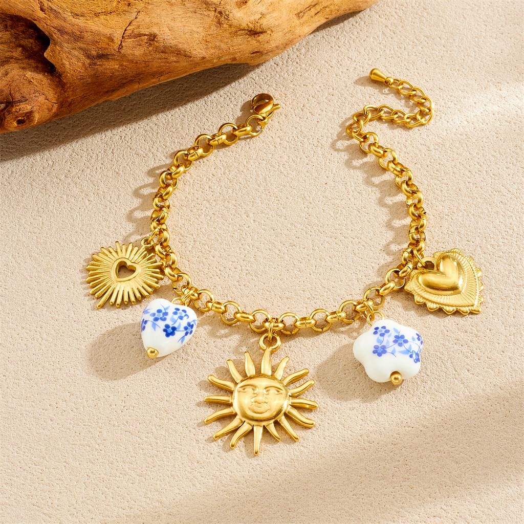 DIEYURO 316L Stainless Steel Golden Sun Heart Ceramic Flower Pendant Bracelet For Women New Classic Wrist Chain Jewelry Gift