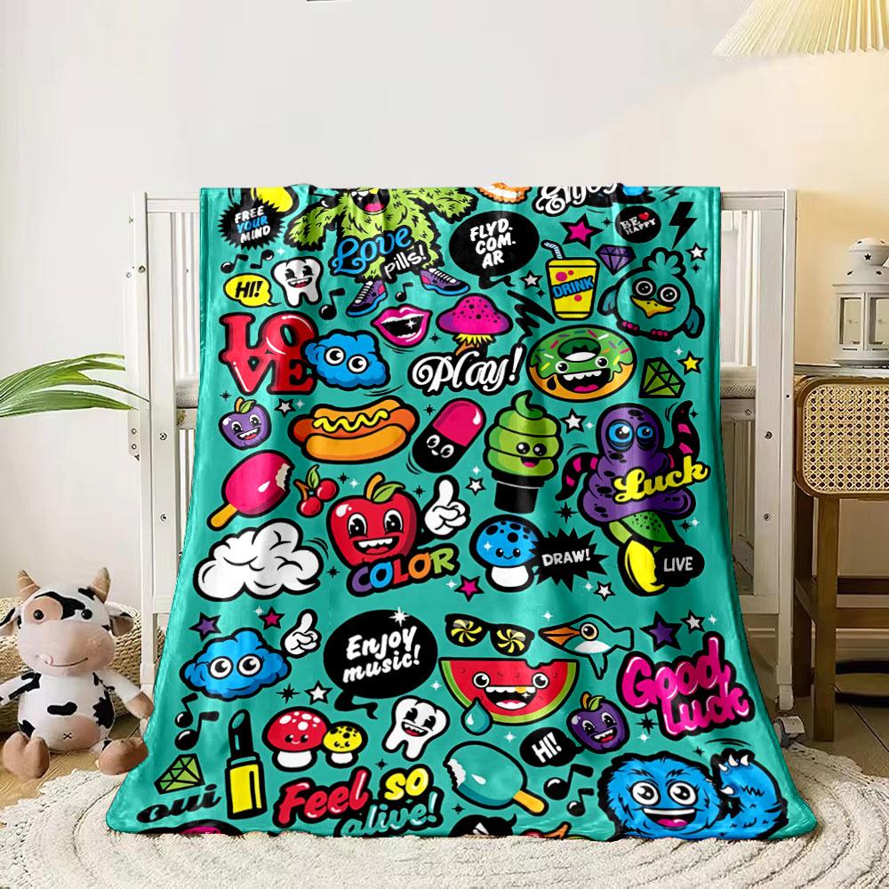Colorful Cartoon-style Doodles and Text with Playful and Lively Designs. for All Seasons Blanket Lunch Break Throw Gift