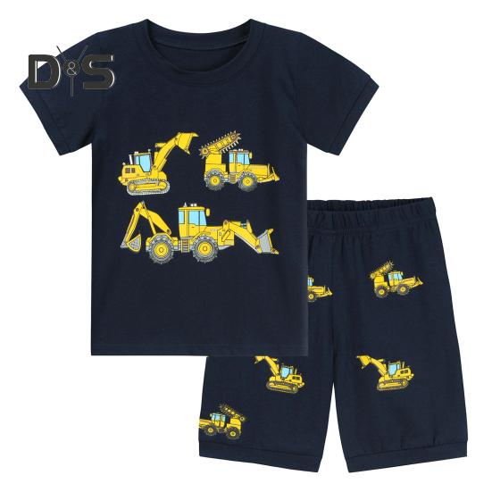 

2 шт./комплект детский костюм с верхом и брюками, мультяшный рисунок грузовика, пижама с круглым вырезом, короткий рукав, летний наряд, унисекс, повседневная домашняя одежда 4-5 Years темно-синий