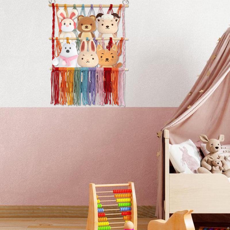 Stuffed Animal Net Boho Macrame 2-Layer Hammock Stuffed Animal Holder Plush Storage For Bedroom Nursery Kids Room Living Room