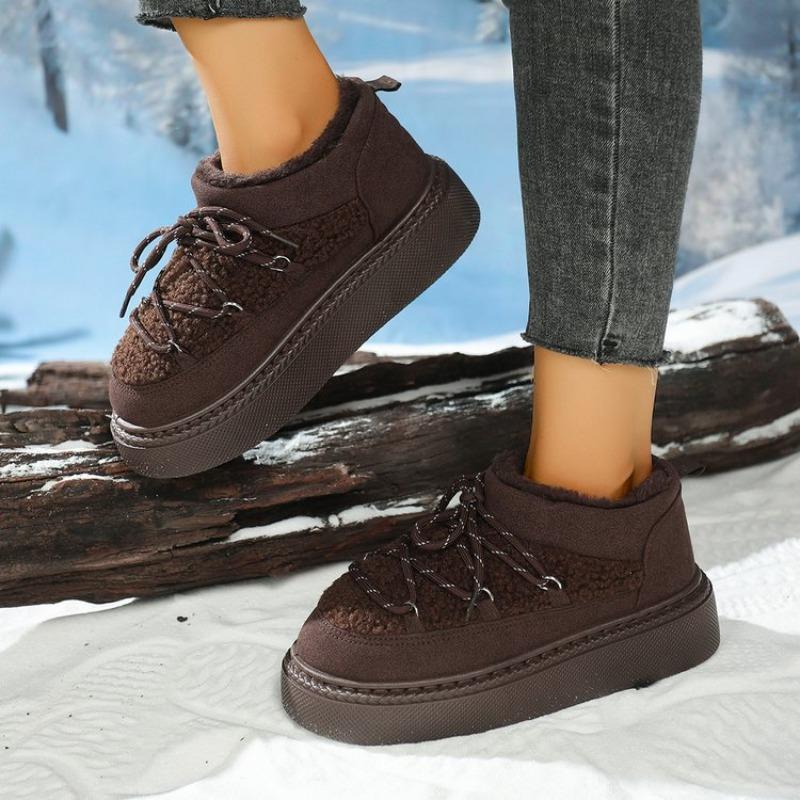 Europejskie i amerykańskie zimowe nowe aksamitne ocieplane śniegowce na grubej podeszwie damskie w dużych rozmiarach ciepłe matowe skórzane krótkie bawełniane buty