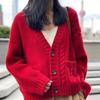 Korean Retro V-Neck Cable Knit Cardigan for Women - Loose-Fit with Pockets, Perfect for Autumn/Winter
