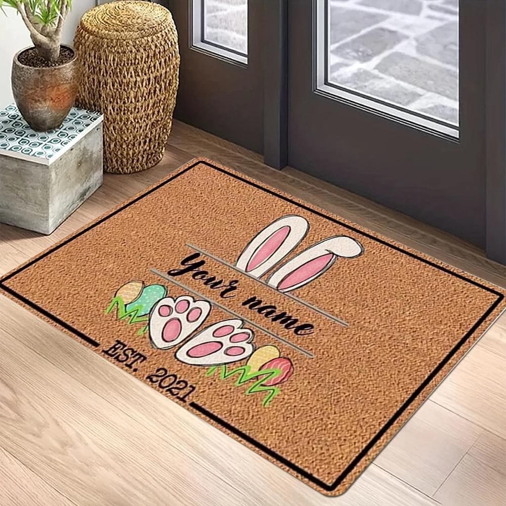 VIKAMA Willkommen Karottenmuster Teppichmatte Teppich - Bunte Kaninchen Silhouetten Pfotenabdrücke Oster Heimdekoration Fußmatte