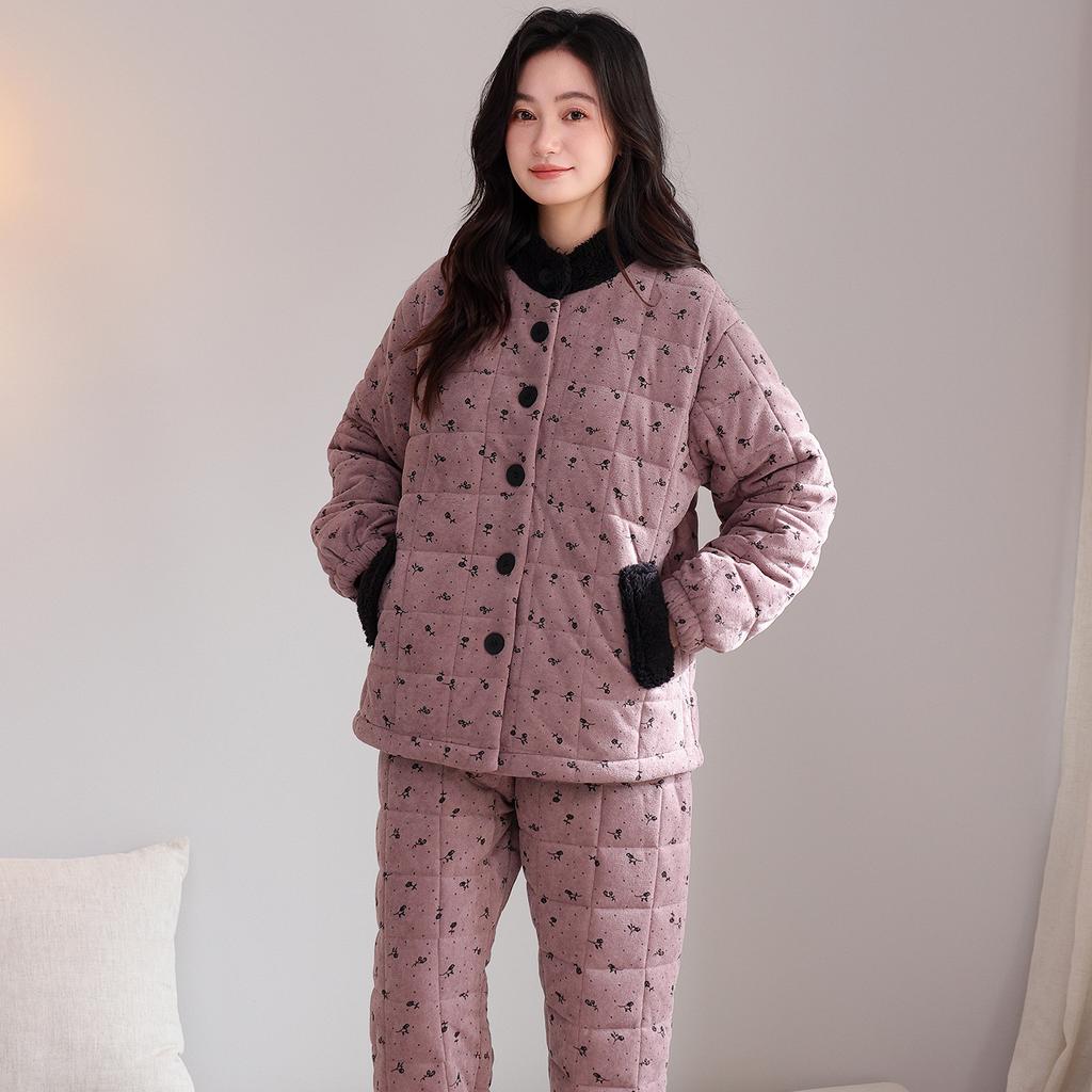 Pajamas Women's Winter Coral Fleece Three-layer Thickened Padded Jacket Winter High-end Winter Wearable Loungewear Set