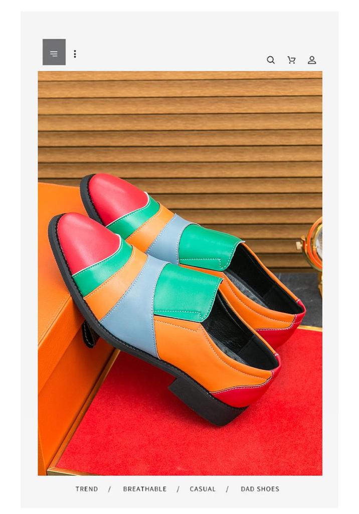 Men's Large Casual Leather Shoes - Stylish British Color Block Wedding Fashion