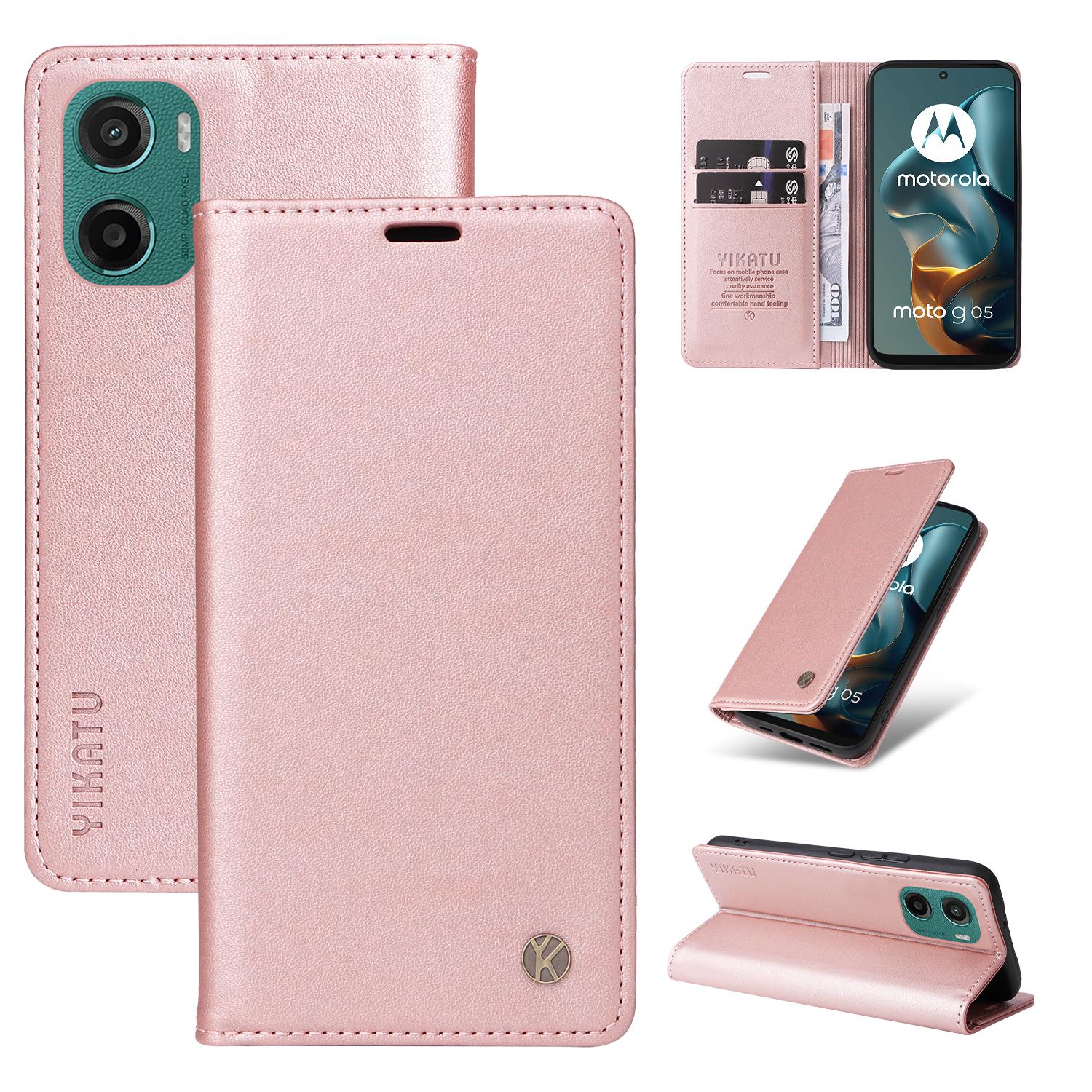 

For Motorola Moto G05 4G Phone Cases YIKATU Magnetic Closure PU Leather Mobile Cover - Rose Gold E