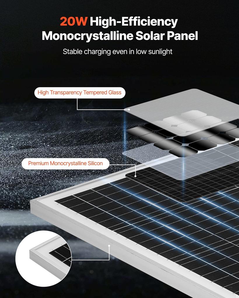 20W 12V Solarbatterie-Erhaltungsladegerät, Mono-Solarpanel-Batterieladegerät mit integriertem MPPT-Regler und verstellbarer Montagehalterung, IP65