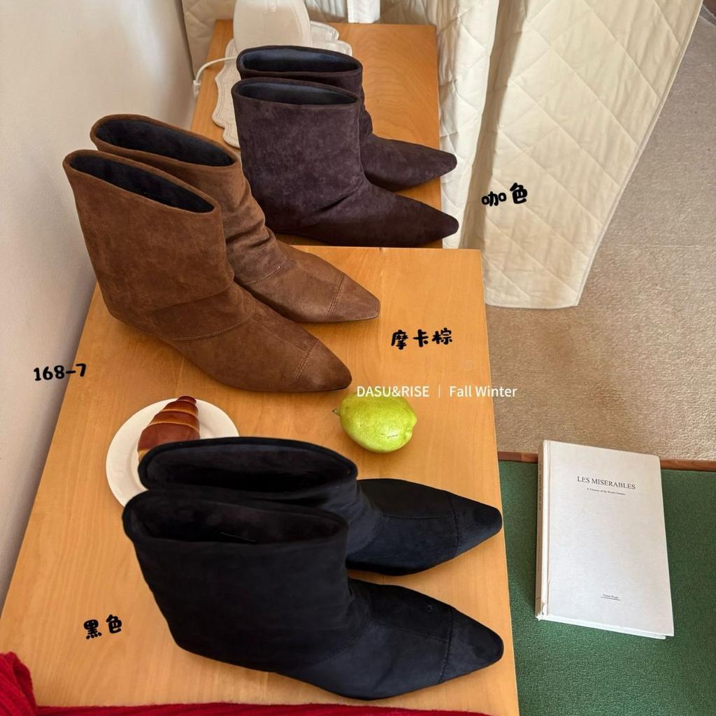 2025 New Pointed Suede Inner Heel Low Trouser Tube Boots Versatile Thin Martin Women's Short Boots