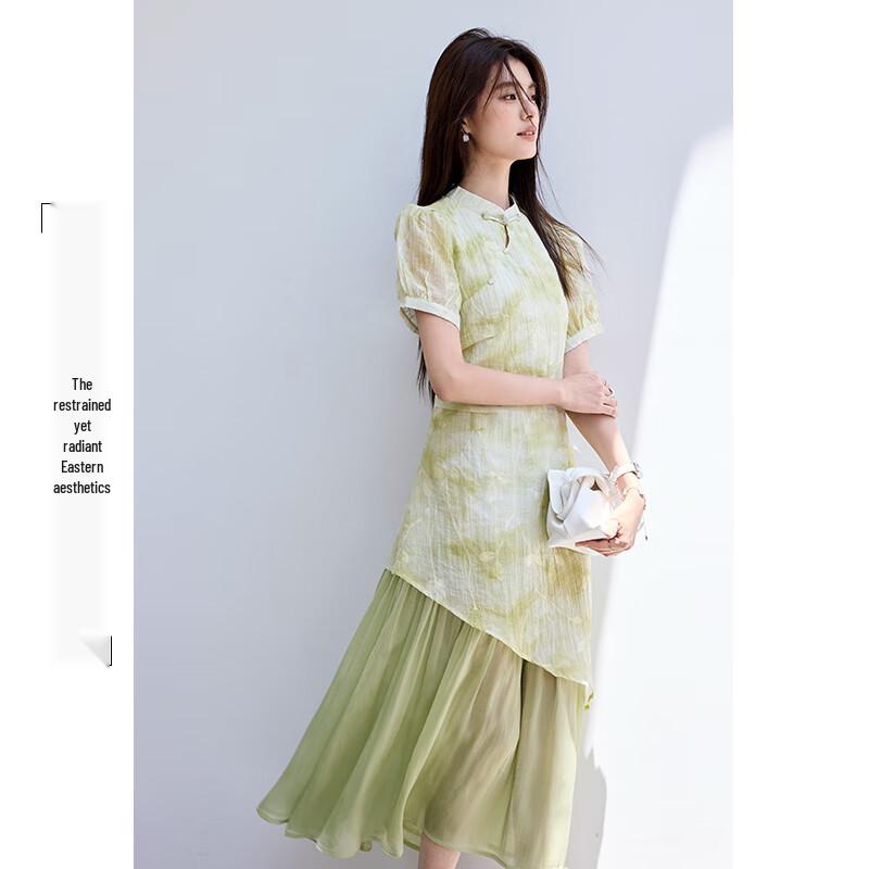 VICTORIA&VERA Summer New Chinese Style Embroidered Faux Two-Piece Cheongsam Midi Dress