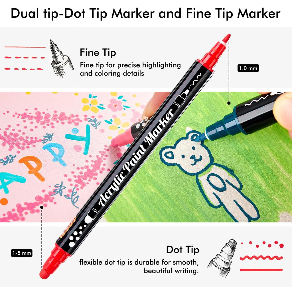 Shuttle Art Acrylic Dot and Fine Tip Twin Pen 36 and Metallic for Writing On and Perfect for DIY and Art Markers, Set, Colors, Water-Based,
