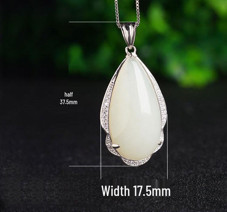 Sterling Silver Teardrop Hetian Jade Pendant Charm with Certificate - New Chinese Style, 925 Silver