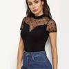Women's Short-Sleeve Bodysuit Polka Dot Mesh Yoke Mock Neck Design