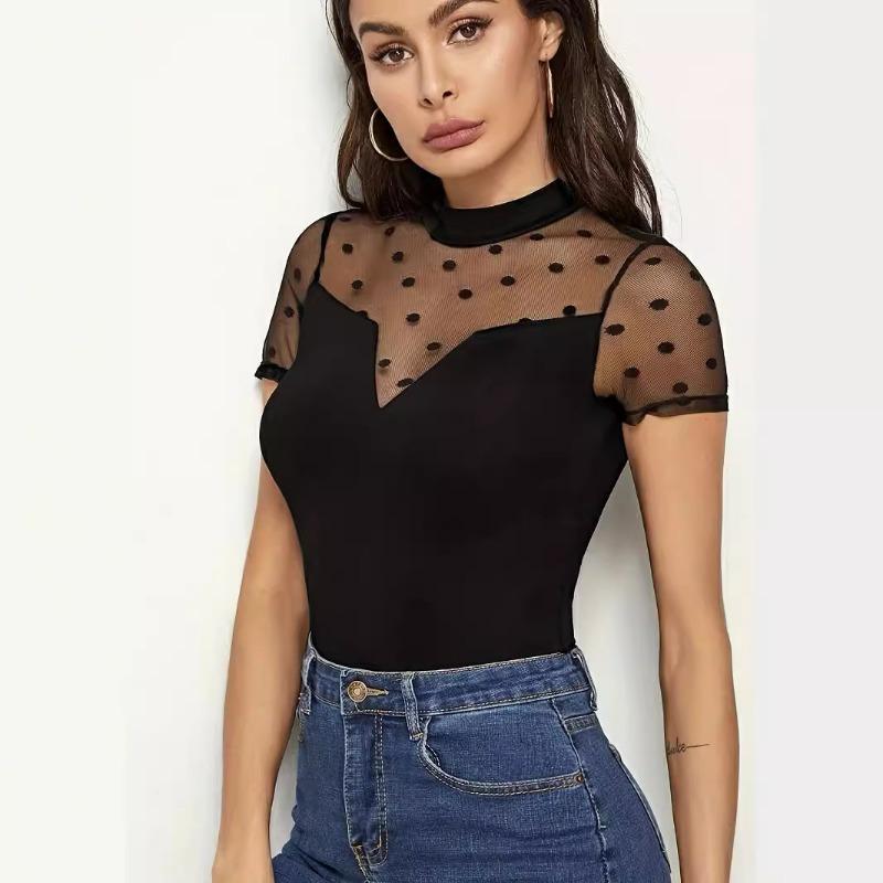 Women's Short-Sleeve Bodysuit Polka Dot Mesh Yoke Mock Neck Design