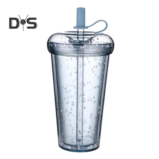 Leak-proof Iced Coffee Cup Reusable Straight Pipette Cup with Built-in Straws Double Wall Insulated Iced Coffee Tumbler Cartoon Drinking Cup