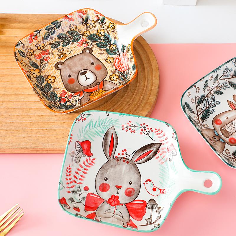 Creative Cartoon Animal Ceramic Plate With Handle Restaurant Household Vegetable Plate Western Food Plate Breakfast Plate Single Handle Baked Rice Pla
