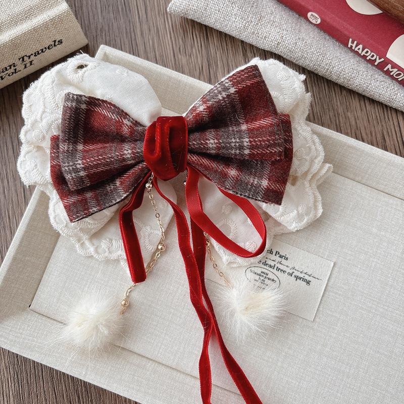 Lace Bowknot Hair Clips For Girls Sweet Versatile Stylish Year Ponytail Hairpin Red Velvet Korean Kids Princess Headwear