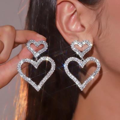 Lady Charm Shiny Earrings for Women Double Big Heart Rhinestone Simple Wedding Earring Party Jewelry