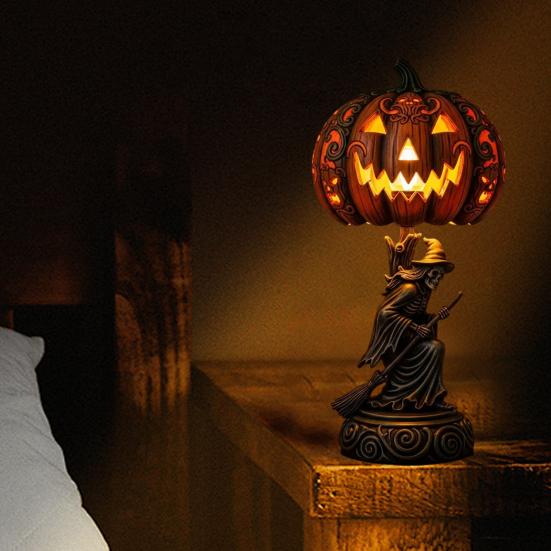 Halloween Pumpkin Light Resin Skeleton Ghost Witch Pumpkin Lantern Gothic Curved Pumpkin Night Light for Home Tabletop Desk Decor