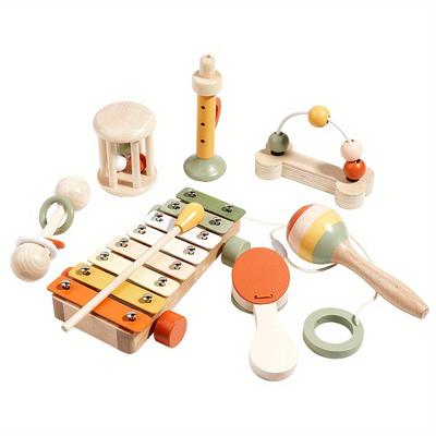 This 7pcs Musical Instrument Set Includes a Xylophone, Bell Rattle, Maracas, and Wooden Blocks, All of Which Are Great for and Sensory Development.