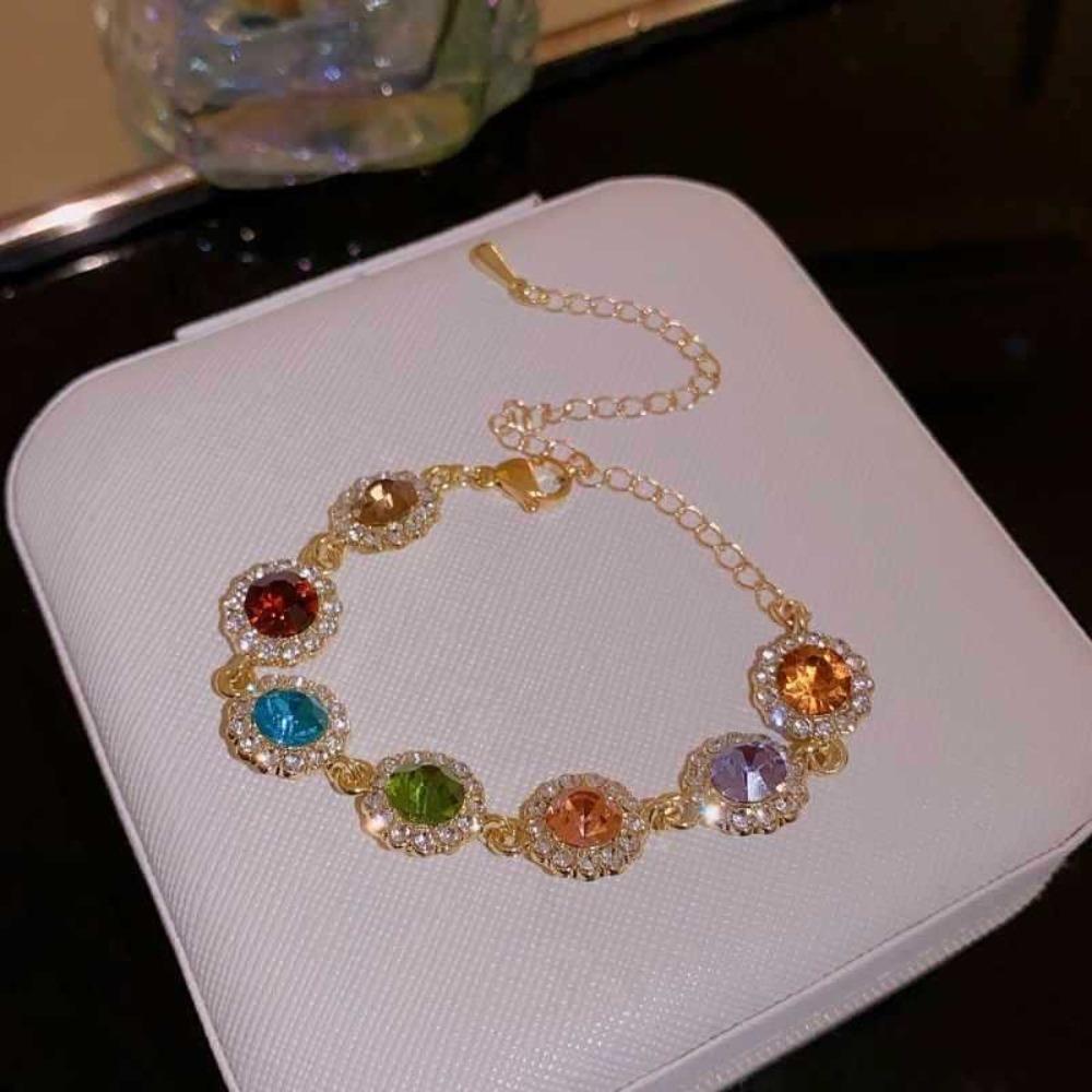 Shiny Rainbow Rhinestone Bracelet Adjustable Colorful Hand Chain Delicate Zircon Bracelet  Lady