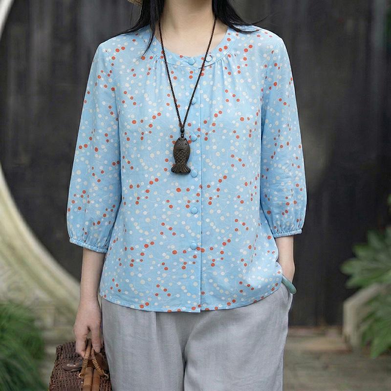 ZANZEA Damen Lässige Runde Hals Polka Dot Druck Locker 3/4 Ärmel Bluse