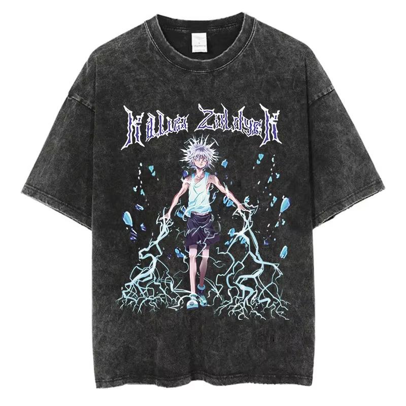 Killua Zoldyck HUNTERHUNTER Tshirt Manga Graphic T Shirt Washed Oversized Tshirt Short Sleeve Tees Men Women Cotton Tshirt S